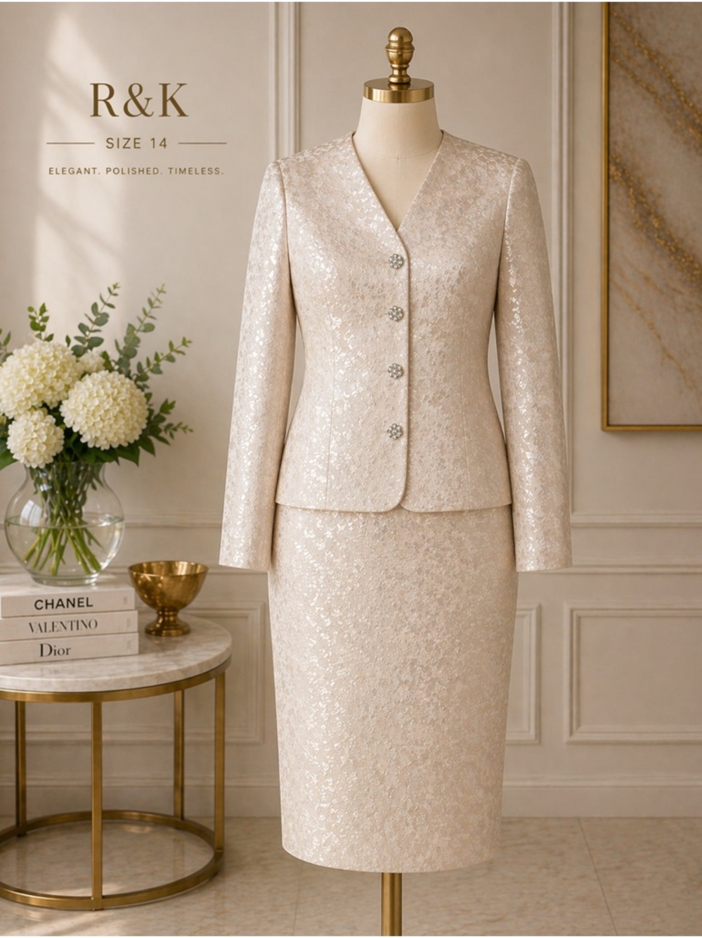 R&K Women's Light Cream Metallic Jacquard Blazer and Pencil Skirt